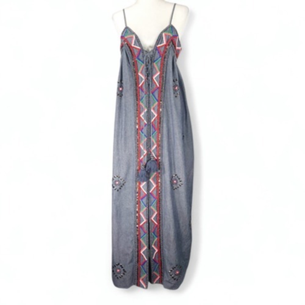 Venus Cotton Chambray Maxi Dress Embroidered Beaded Lace Up Blue Multi M